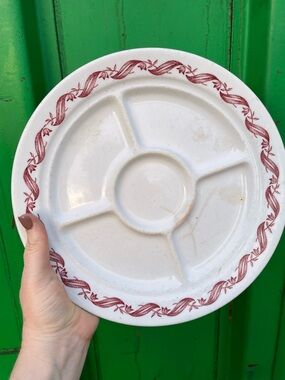 Rare MAYER CHINA White Ceramic Divided Serving Platter with Red Scroll Border